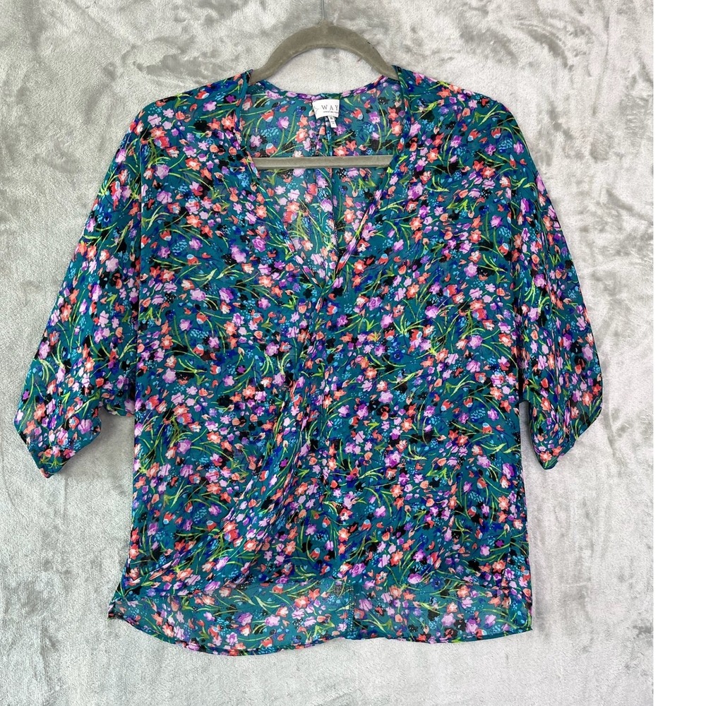 WAYF Floral Blouse Womens M Teal Multi Cottagecore V-Neck Feminine‎ Dainty Date